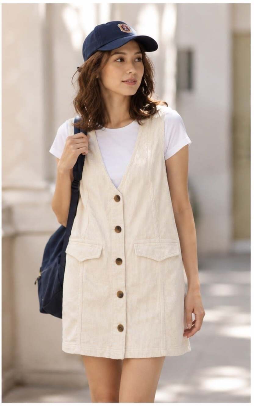 AMERICAN EAGLE Cream Corduroy Jumper Dress Collegiate Layer Preppy Cute XXS